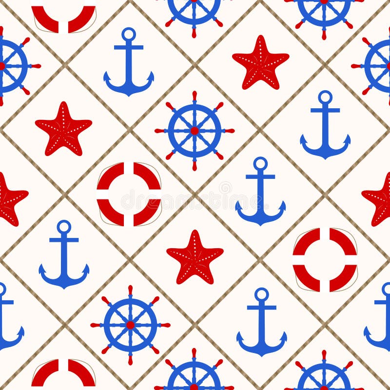 Modello nautico senza cuciture con gli elementi di tema del mare illustrazione vettoriale Modello nautico senza cuciture con gli elementi di tema del mare illustrazione vettoriale