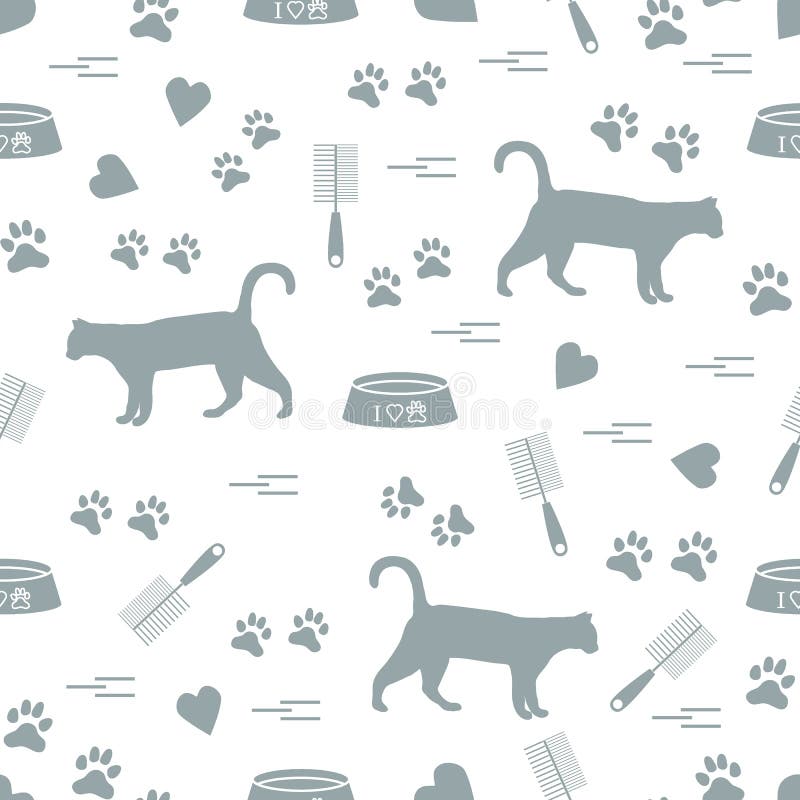 Modello piacevole del gatto di camminata della siluetta, tracce, cuori, ciotola e illustrazione vettoriale Modello piacevole del gatto di camminata della siluetta, tracce, cuori, ciotola e illustrazione vettoriale