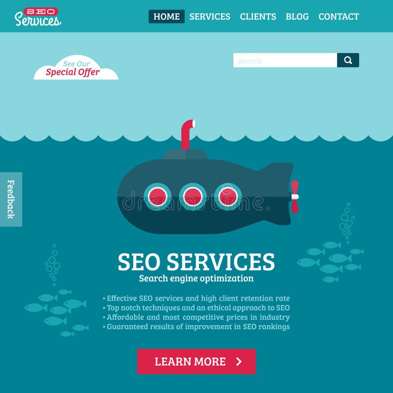 Flat design vector website template of SEO website searching optimization with cartoon submarine. Flat design vector website template of SEO website searching optimization with cartoon submarine