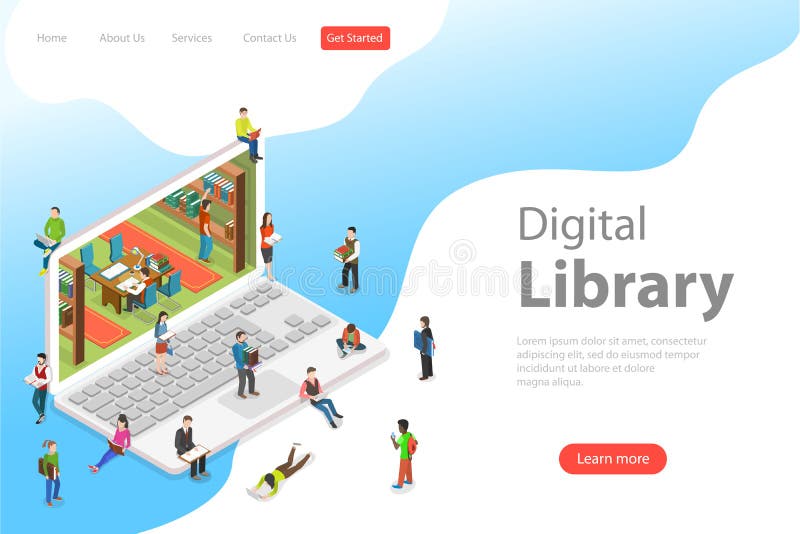 Modello piano isometrico della biblioteca online, istruzione della pagina di atterraggio di vettore illustrazione di stock Modello piano isometrico della biblioteca online, istruzione della pagina di atterraggio di vettore illustrazione di stock