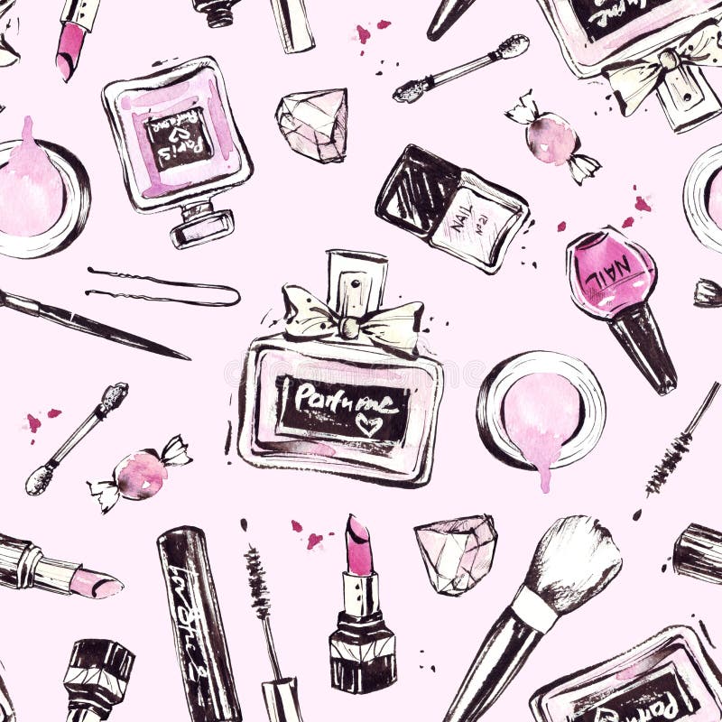 Modello rosa con i cosmetici disegnati a mano royalty illustrazione gratis Modello rosa con i cosmetici disegnati a mano royalty illustrazione gratis
