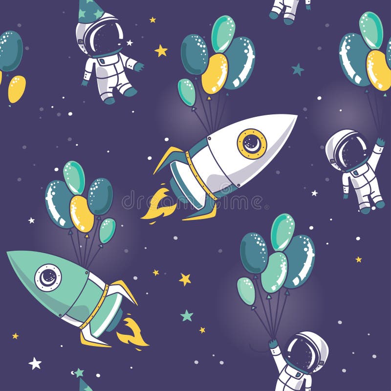 Modello senza cuciture con gli astronauti ed i razzi svegli sui palloni nello spazio illustrazione vettoriale Modello senza cuciture con gli astronauti ed i razzi svegli sui palloni nello spazio illustrazione vettoriale
