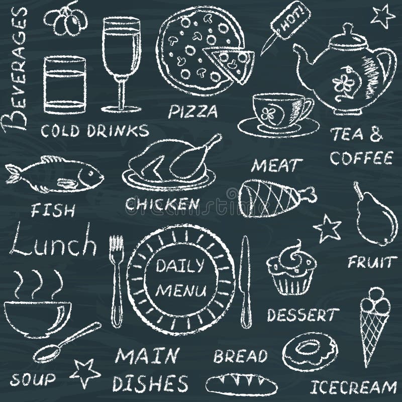 Modello senza cuciture con gli elementi del menu di scarabocchio illustrazione di stock Modello senza cuciture con gli elementi del menu di scarabocchio illustrazione di stock