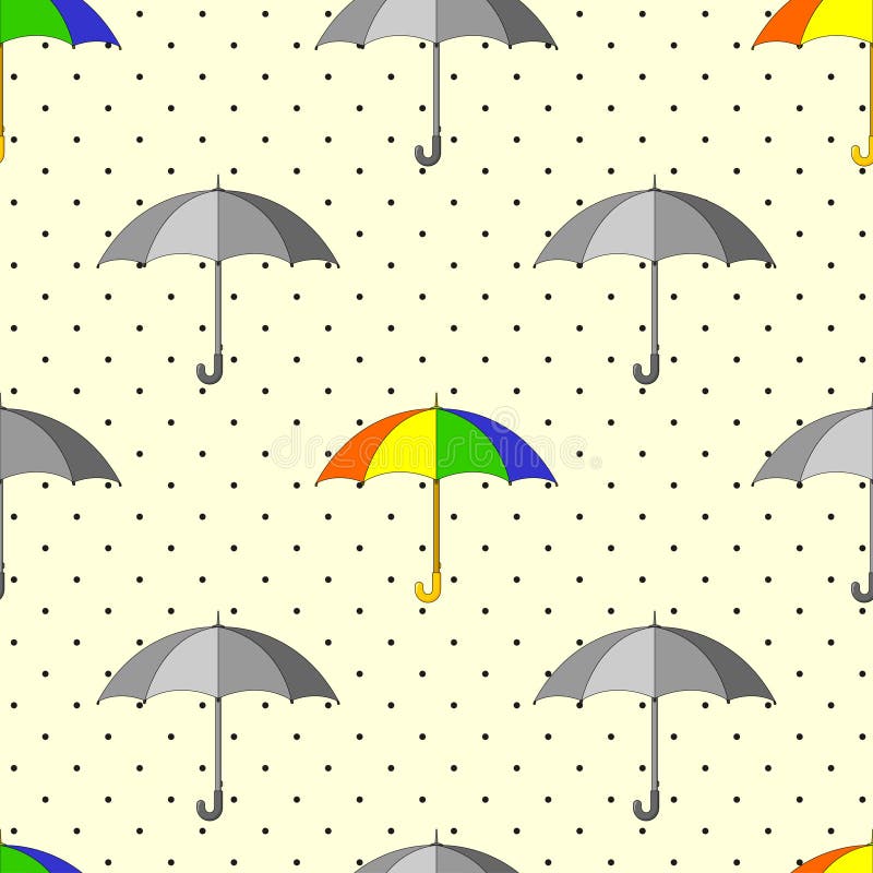 Modello senza cuciture con gli ombrelli grigi e variopinti e le gocce di pioggia illustrazione vettoriale Modello senza cuciture con gli ombrelli grigi e variopinti e le gocce di pioggia illustrazione vettoriale