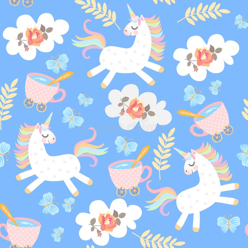 Modello senza cuciture con gli unicorni divertenti, le tazze di tè, le nuvole con il fiore rosa, le foglie di autunno e le farfal illustrazione vettoriale Modello senza cuciture con gli unicorni divertenti, le tazze di tè, le nuvole con il fiore rosa, le foglie di autunno e le farfal illustrazione vettoriale