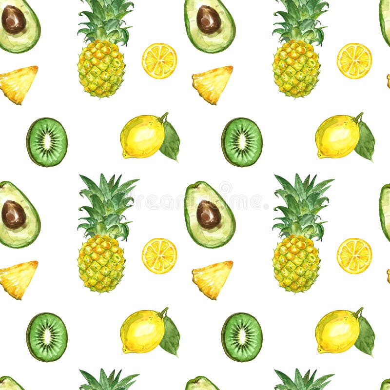 Modello senza cuciture con i frutti esotici isolati di estate dell'acquerello - ananas maturo, avocado, kiwi, limone, fette di fr illustrazione vettoriale