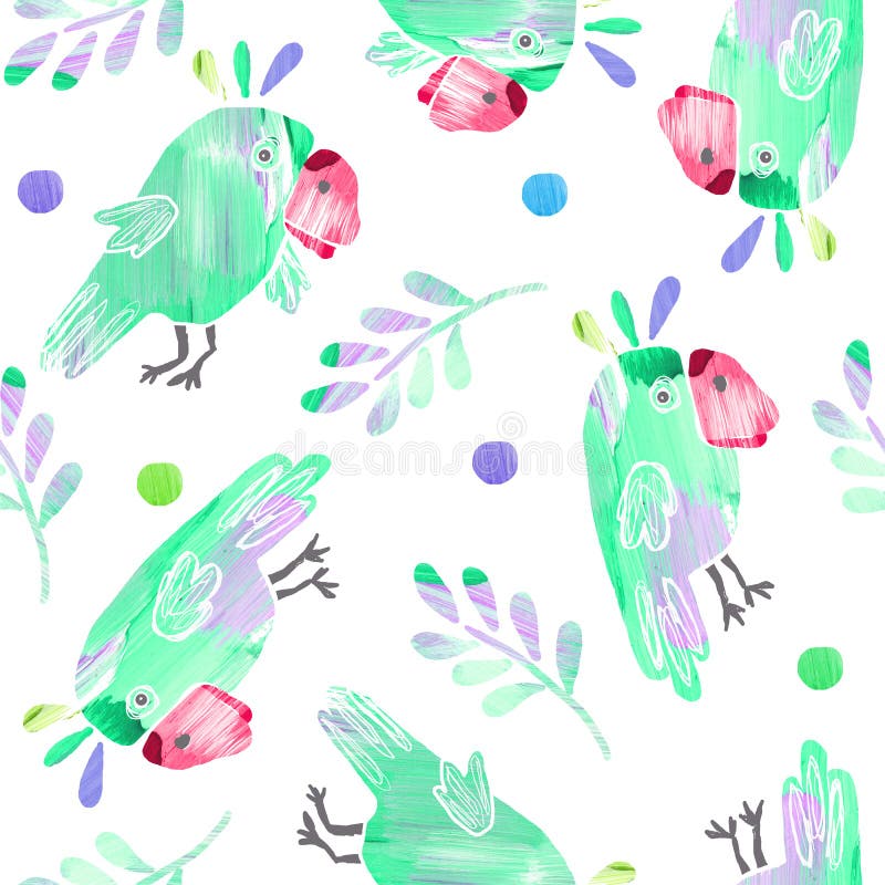 Modello senza cuciture con i pappagalli e le foglie svegli illustrazione vettoriale Modello senza cuciture con i pappagalli e le foglie svegli illustrazione vettoriale