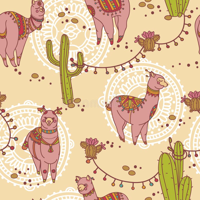 Modello senza cuciture con il alapaca sveglio di scarabocchio in stile e cactus di boho royalty illustrazione gratis Modello senza cuciture con il alapaca sveglio di scarabocchio in stile e cactus di boho royalty illustrazione gratis