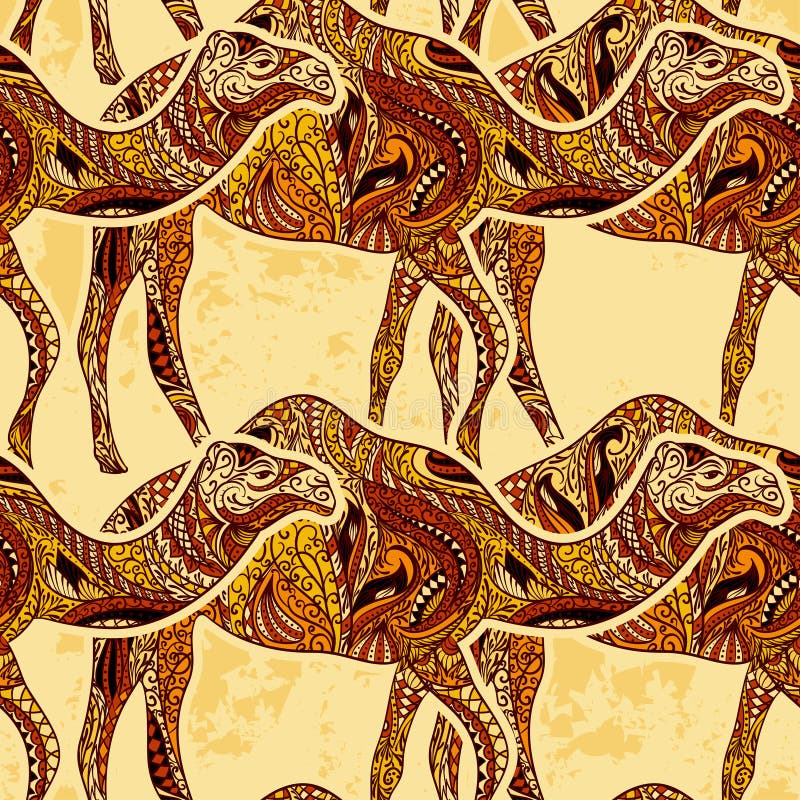 Modello senza cuciture con il cammello decorato con gli ornamenti orientali sul fondo di lerciume royalty illustrazione gratis Modello senza cuciture con il cammello decorato con gli ornamenti orientali sul fondo di lerciume royalty illustrazione gratis