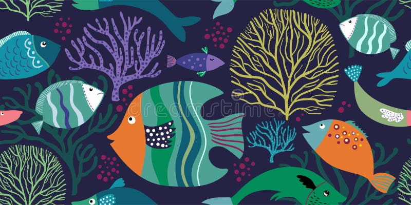 Modello senza cuciture con il pesce variopinto e le piante acquatiche illustrazione vettoriale