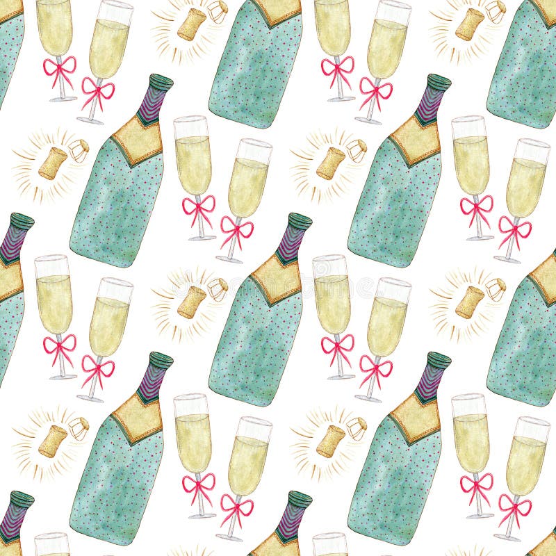 Modello senza cuciture con la bottiglia ed il vetro del champagne Fondo di celebrazione dell'acquerello Progettazione del contest royalty illustrazione gratis Modello senza cuciture con la bottiglia ed il vetro del champagne Fondo di celebrazione dell'acquerello Progettazione del contest royalty illustrazione gratis