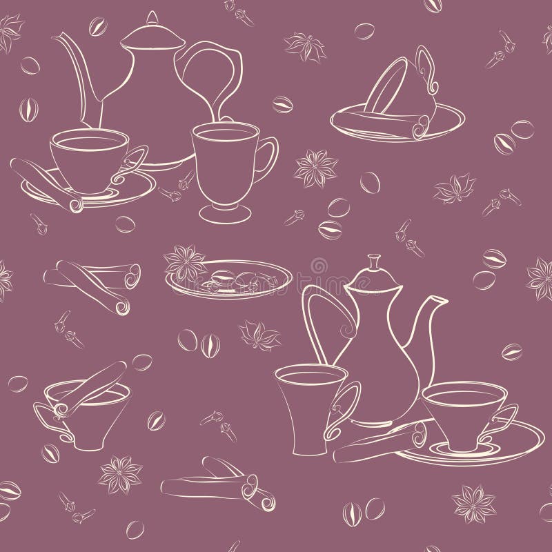 Modello senza cuciture con la caffettiera, le tazze, la cannella, i chicchi di caffè, l'anice ed i chiodi di garofano illustrazione di stock Modello senza cuciture con la caffettiera, le tazze, la cannella, i chicchi di caffè, l'anice ed i chiodi di garofano illustrazione di stock