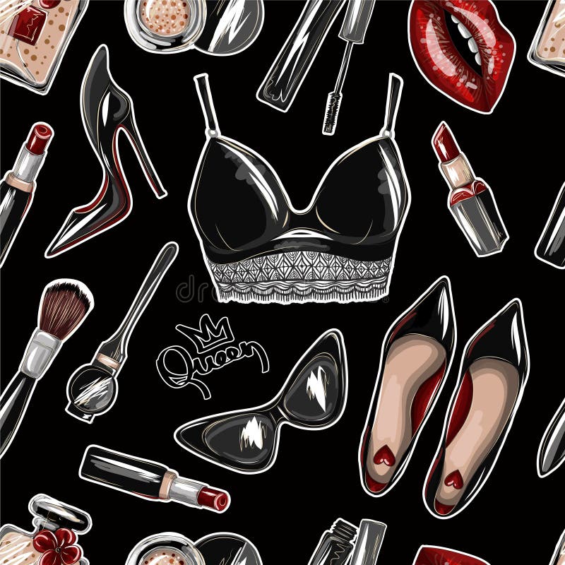 Modello senza cuciture con la cima del raccolto, labbra, scarpe, rossetto, occhiali da sole, spazzola royalty illustrazione gratis Modello senza cuciture con la cima del raccolto, labbra, scarpe, rossetto, occhiali da sole, spazzola royalty illustrazione gratis