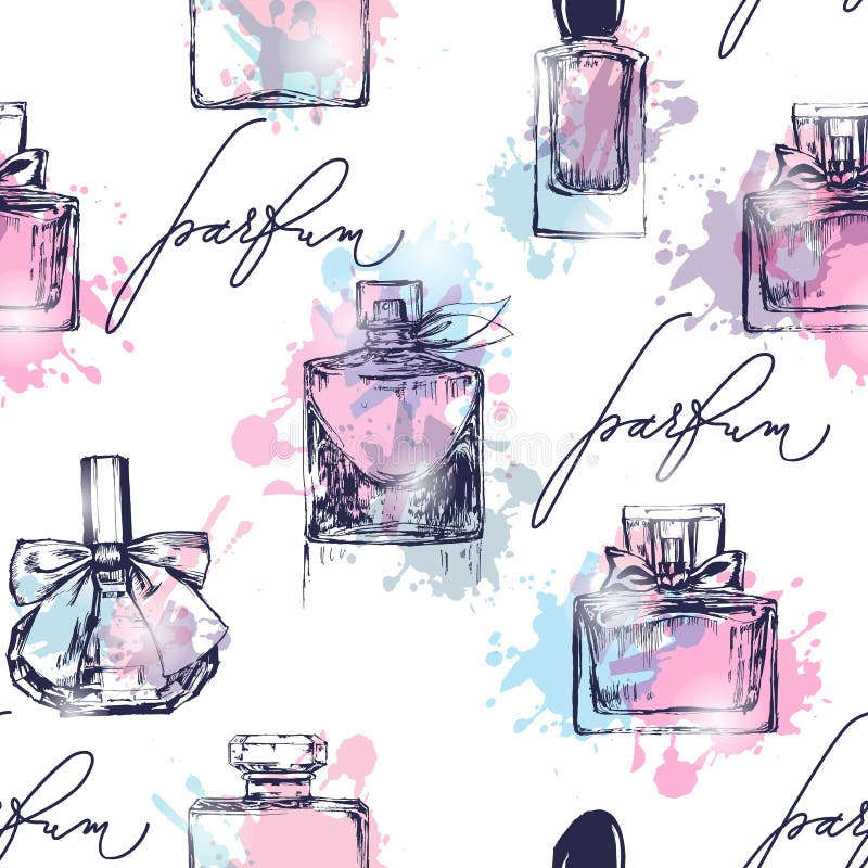 Modello senza cuciture con le belle bottiglie di profumo Il profumo delle donne Vettore illustrazione di stock Modello senza cuciture con le belle bottiglie di profumo Il profumo delle donne Vettore illustrazione di stock