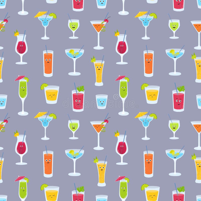 Modello senza cuciture con le bevande in vetri con i fronti divertenti svegli Contesto con i succhi di frutta, cocktail alcolici illustrazione di stock Modello senza cuciture con le bevande in vetri con i fronti divertenti svegli Contesto con i succhi di frutta, cocktail alcolici illustrazione di stock