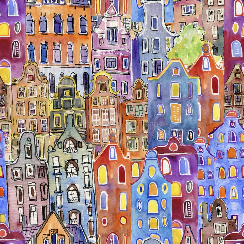 Modello senza cuciture con le case di Amsterdam dell'acquerello illustrazione vettoriale