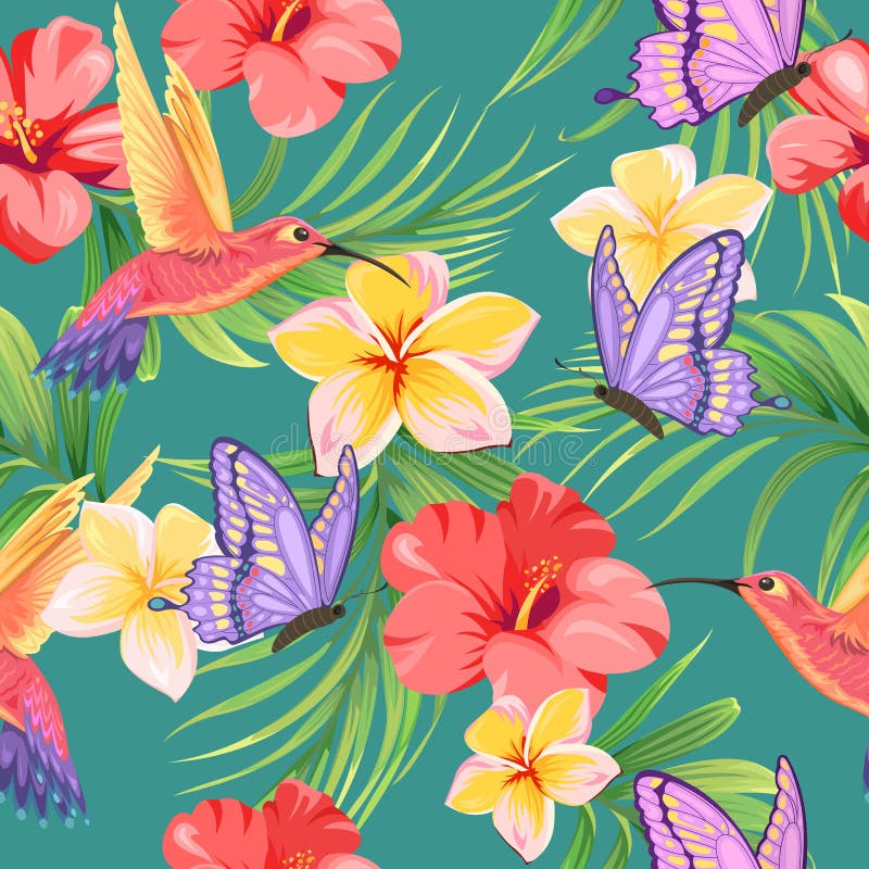 Modello senza cuciture con le farfalle, i colibrì e le piante tropicali illustrazione di stock Modello senza cuciture con le farfalle, i colibrì e le piante tropicali illustrazione di stock