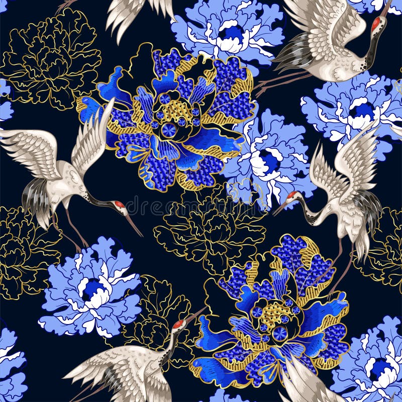 Modello senza cuciture con le gru e la peonia bianche giapponesi, zecchini ricamati royalty illustrazione gratis