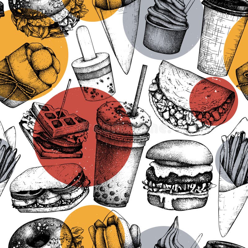 Modello senza cuciture con le illustrazioni disegnate a mano degli alimenti a rapida preparazione Fondo d'annata per il menu del illustrazione di stock