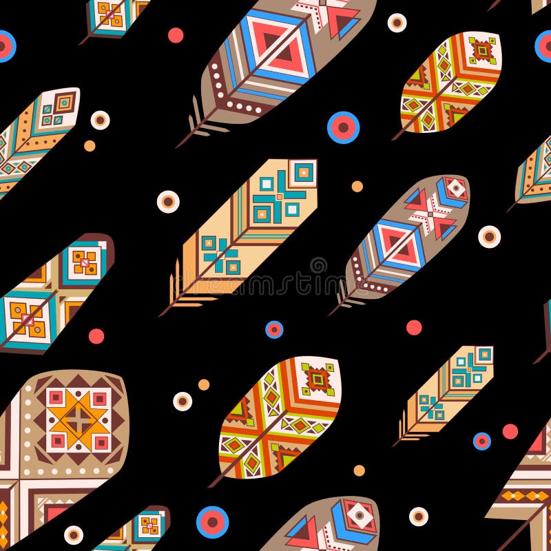 Modello senza cuciture con le piume etniche Piume decorative colorate su fondo nero Stile di Boho illustrazione vettoriale Modello senza cuciture con le piume etniche Piume decorative colorate su fondo nero Stile di Boho illustrazione vettoriale