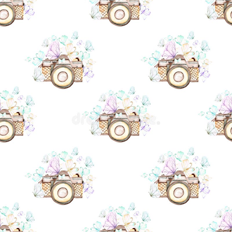Modello senza cuciture con le retro macchine fotografiche e farfalle dell'acquerello illustrazione di stock Modello senza cuciture con le retro macchine fotografiche e farfalle dell'acquerello illustrazione di stock