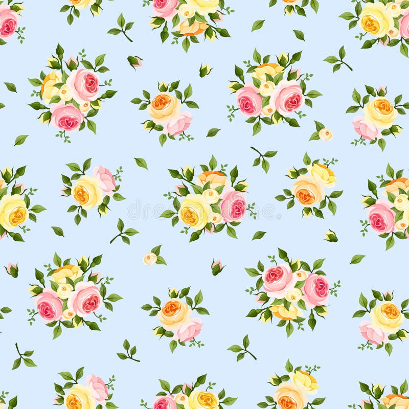 Modello senza cuciture con le rose rosa, arancio e gialle sul blu Illustrazione di vettore illustrazione vettoriale Modello senza cuciture con le rose rosa, arancio e gialle sul blu Illustrazione di vettore illustrazione vettoriale