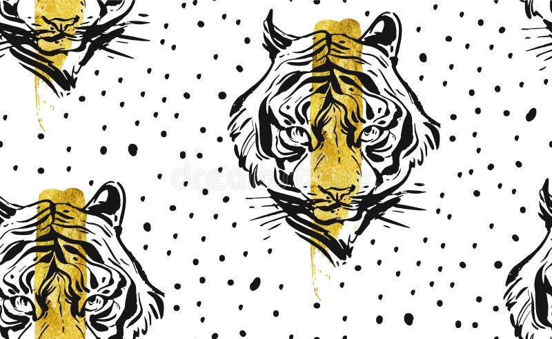 Modello senza cuciture creativo dell'estratto disegnato a mano di vettore con l'illustrazione del fronte della tigre, la stagnola illustrazione vettoriale Modello senza cuciture creativo dell'estratto disegnato a mano di vettore con l'illustrazione del fronte della tigre, la stagnola illustrazione vettoriale