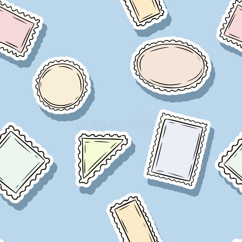 Modello senza cuciture degli autoadesivi del bollo della posta Fondo variopinto dell'etichetta illustrazione di stock Modello senza cuciture degli autoadesivi del bollo della posta Fondo variopinto dell'etichetta illustrazione di stock