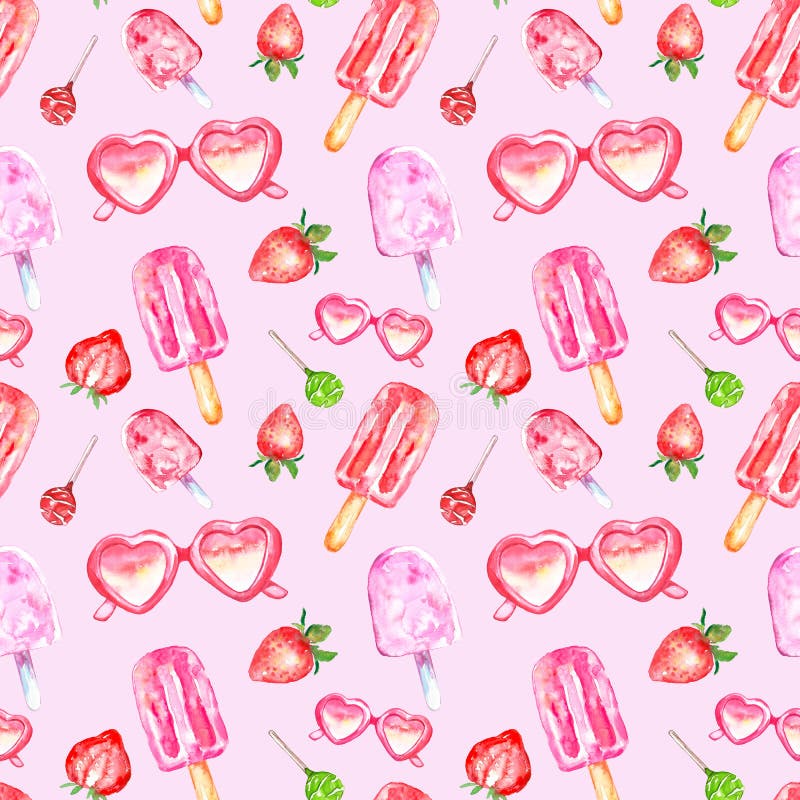 Modello senza cuciture dei dessert saporiti dipinti a mano di estate dell'acquerello su fondo rosa Elementi decorativi variopinti royalty illustrazione gratis