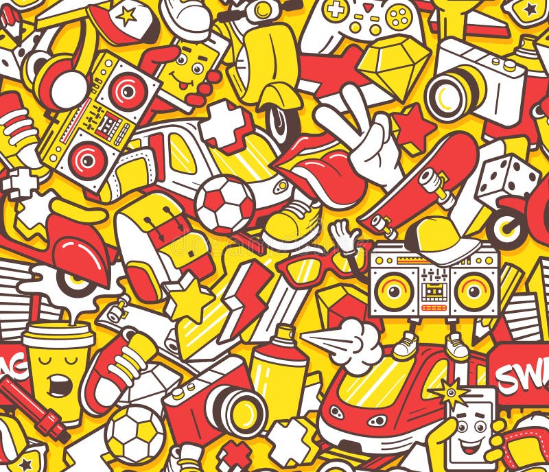 Modello senza cuciture dei graffiti con la linea collage delle icone illustrazione vettoriale Modello senza cuciture dei graffiti con la linea collage delle icone illustrazione vettoriale