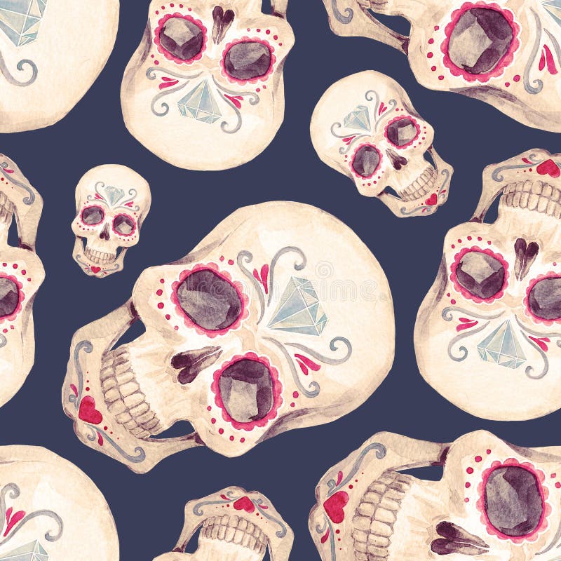 Modello senza cuciture del cranio dell'acquerello illustrazione di stock Modello senza cuciture del cranio dell'acquerello illustrazione di stock