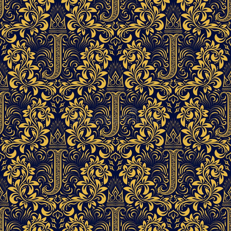 Modello senza cuciture del damasco che ripete fondo Ornamento floreale blu dorato con la lettera di J e corona nello stile barroc illustrazione di stock Modello senza cuciture del damasco che ripete fondo Ornamento floreale blu dorato con la lettera di J e corona nello stile barroc illustrazione di stock