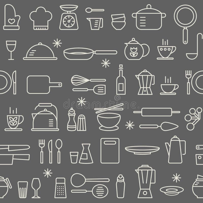 Modello senza cuciture del fondo che cucina le icone dell'utensile della cucina messe royalty illustrazione gratis Modello senza cuciture del fondo che cucina le icone dell'utensile della cucina messe royalty illustrazione gratis