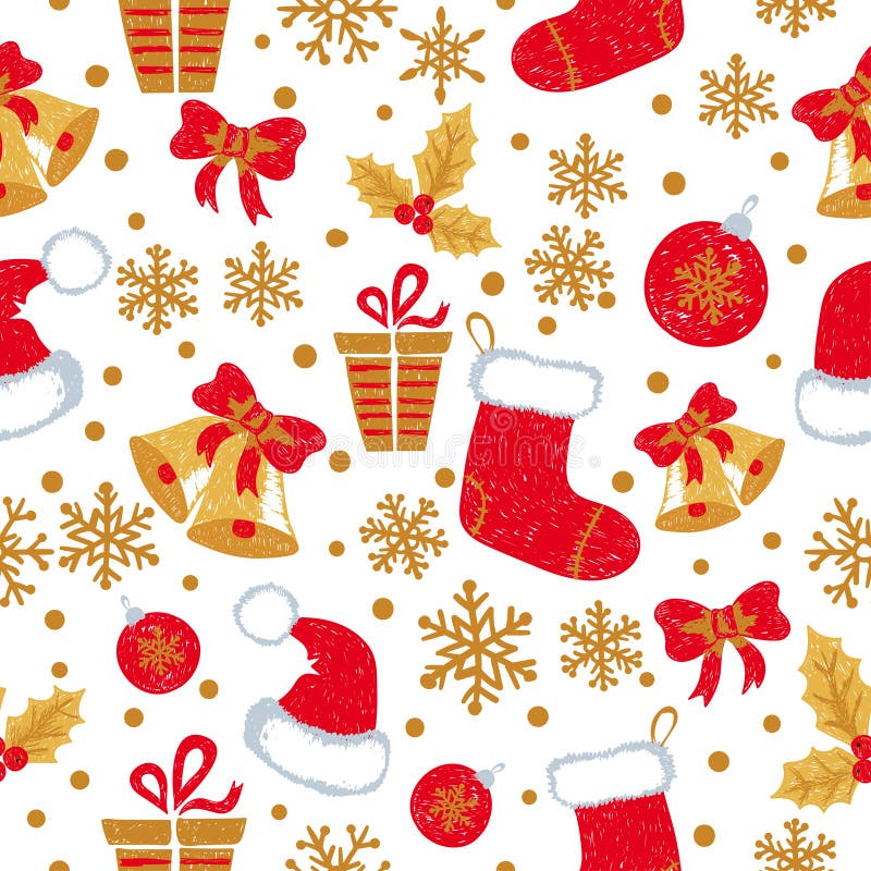 Modello senza cuciture del nuovo anno e di Natale con le campane di scarabocchio, palle, calze di Natale illustrazione di stock Modello senza cuciture del nuovo anno e di Natale con le campane di scarabocchio, palle, calze di Natale illustrazione di stock