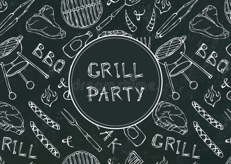 Modello senza cuciture del partito della griglia del BBQ di estate Bistecca, salsiccia, griglia del barbecue, tenaglie, forcella, illustrazione vettoriale Modello senza cuciture del partito della griglia del BBQ di estate Bistecca, salsiccia, griglia del barbecue, tenaglie, forcella, illustrazione vettoriale