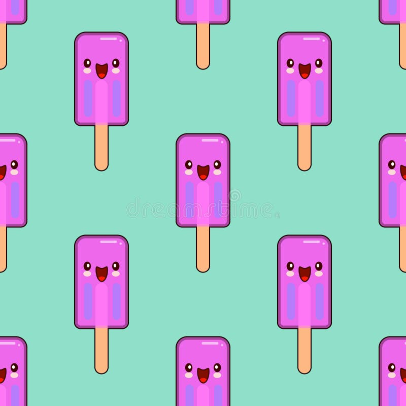 Modello senza cuciture del personaggio dei cartoni animati sorridente di kawaii del gelato su fondo verde Progettazione piana illustrazione vettoriale Modello senza cuciture del personaggio dei cartoni animati sorridente di kawaii del gelato su fondo verde Progettazione piana illustrazione vettoriale