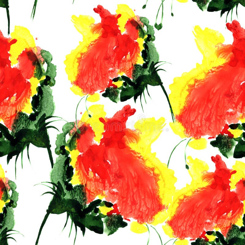 Modello senza cuciture dell'acquerello con il fiore di fantasia nel colore rosso e giallo Illustrazione disegnata a mano per prog illustrazione di stock Modello senza cuciture dell'acquerello con il fiore di fantasia nel colore rosso e giallo Illustrazione disegnata a mano per prog illustrazione di stock