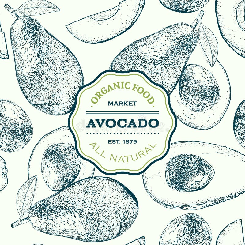 Modello senza cuciture dell'avocado disegnato a mano di vettore Intero, mezzo, della foglia e del seme schizzo affettato dei pezz illustrazione di stock Modello senza cuciture dell'avocado disegnato a mano di vettore Intero, mezzo, della foglia e del seme schizzo affettato dei pezz illustrazione di stock