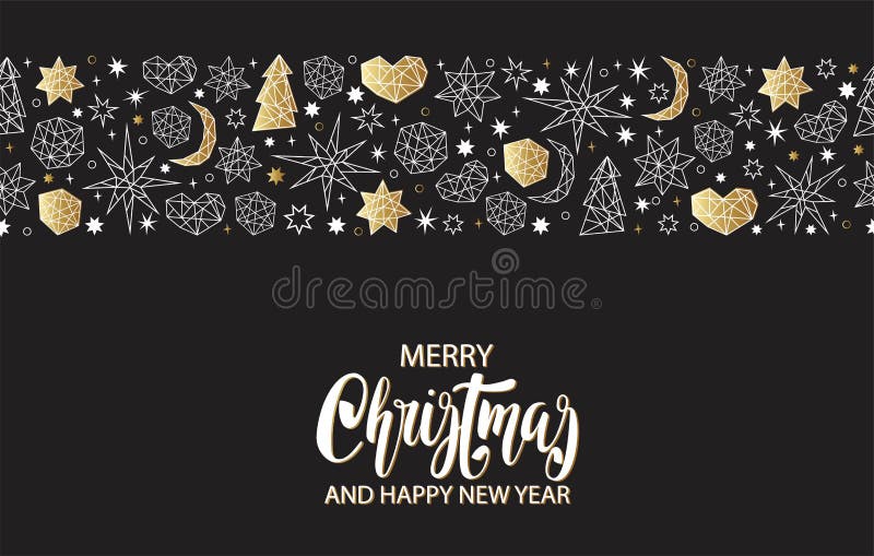 Modello senza cuciture dell'oro del nuovo anno e di Natale su fondo nero con le stelle, palle, noel, cuore nello stile geometrico illustrazione di stock Modello senza cuciture dell'oro del nuovo anno e di Natale su fondo nero con le stelle, palle, noel, cuore nello stile geometrico illustrazione di stock