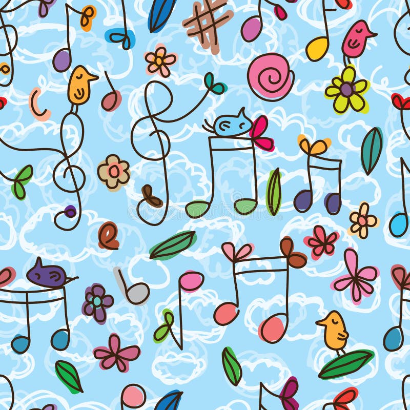 This illustration is free drawing color bird music note cloud sky colors background graphic seamless pattern. This illustration is free drawing color bird music note cloud sky colors background graphic seamless pattern.