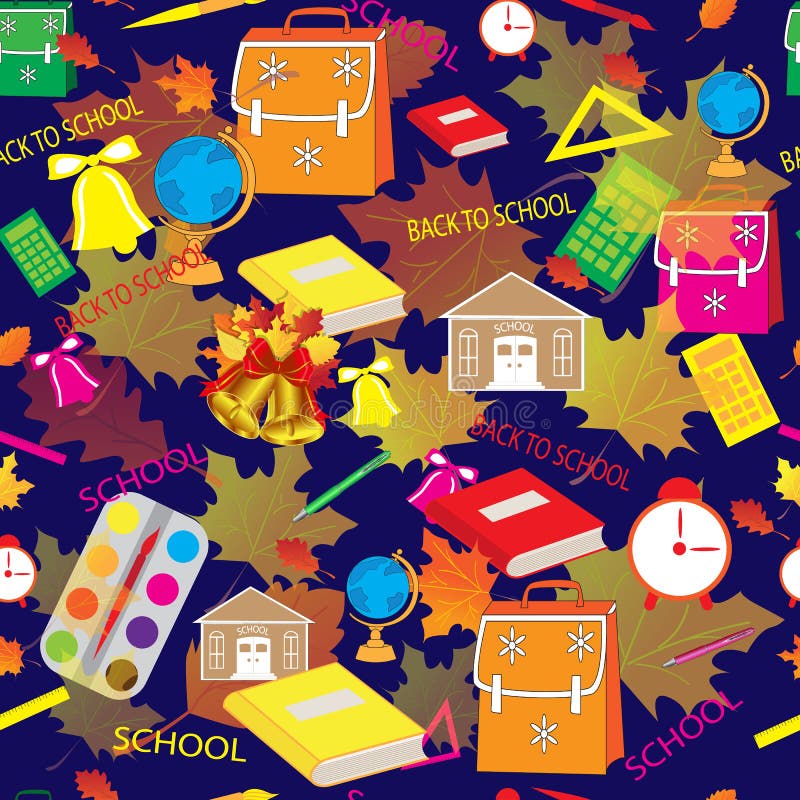 Modello senza cuciture della bella scuola luminosa su fondo blu royalty illustrazione gratis Modello senza cuciture della bella scuola luminosa su fondo blu royalty illustrazione gratis