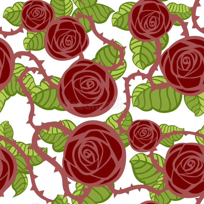 Modello senza cuciture della rosa e delle foglie verdi rosso scuro con le spine Progettazione floreale della cartolina d'auguri D royalty illustrazione gratis Modello senza cuciture della rosa e delle foglie verdi rosso scuro con le spine Progettazione floreale della cartolina d'auguri D royalty illustrazione gratis