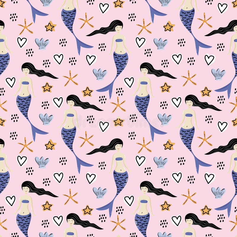 Modello senza cuciture della sirena sveglia con la fantasia che disegna fondo variopinto per i bambini ed i bambini Buon per la s illustrazione di stock Modello senza cuciture della sirena sveglia con la fantasia che disegna fondo variopinto per i bambini ed i bambini Buon per la s illustrazione di stock