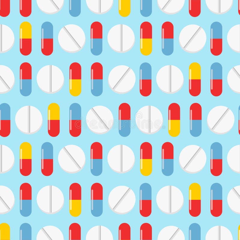 Modello senza cuciture delle pillole variopinte Fondo di vettore Compresse realistiche di struttura senza cuciture su fondo blu illustrazione di stock