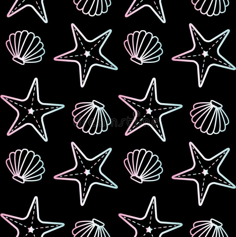 Modello senza cuciture delle stelle marine olografiche della conchiglia illustrazione vettoriale Modello senza cuciture delle stelle marine olografiche della conchiglia illustrazione vettoriale
