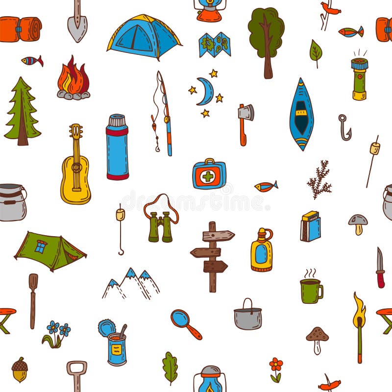Modello senza cuciture di campeggio e d'escursione disegnato a mano Picnic, facente un'escursione, illustrazione vettoriale Modello senza cuciture di campeggio e d'escursione disegnato a mano Picnic, facente un'escursione, illustrazione vettoriale