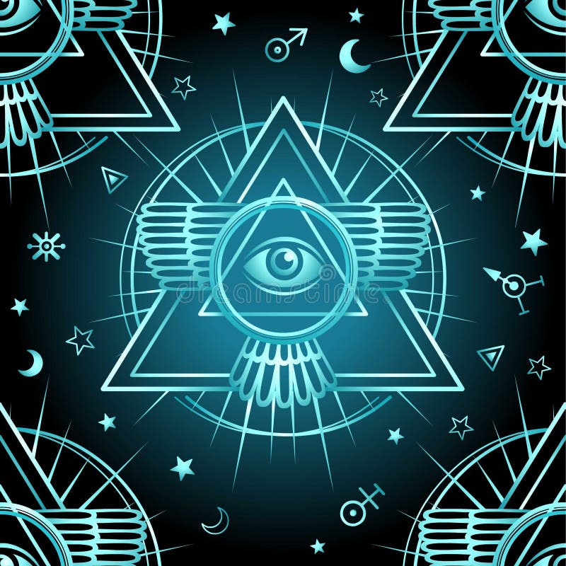 Seamless color pattern: winged ancient pyramid, all-seeing eye. Space symbols. Metall imitation. Esoteric, mysticism, occultism. Vector illustration. Seamless color pattern: winged ancient pyramid, all-seeing eye. Space symbols. Metall imitation. Esoteric, mysticism, occultism. Vector illustration.