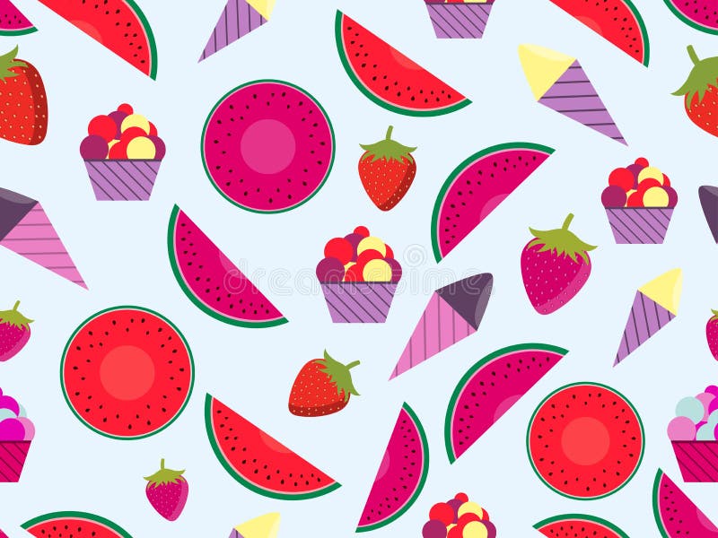 Modello senza cuciture di estate con i frutti ed il gelato Anguria, fragola e cono gelato Vettore illustrazione di stock Modello senza cuciture di estate con i frutti ed il gelato Anguria, fragola e cono gelato Vettore illustrazione di stock