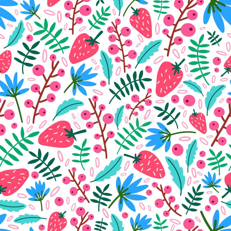 Modello senza cuciture di estate con le fragole, i fiori e le foglie su fondo bianco Contesto naturale con selvaggio maturo illustrazione vettoriale Modello senza cuciture di estate con le fragole, i fiori e le foglie su fondo bianco Contesto naturale con selvaggio maturo illustrazione vettoriale