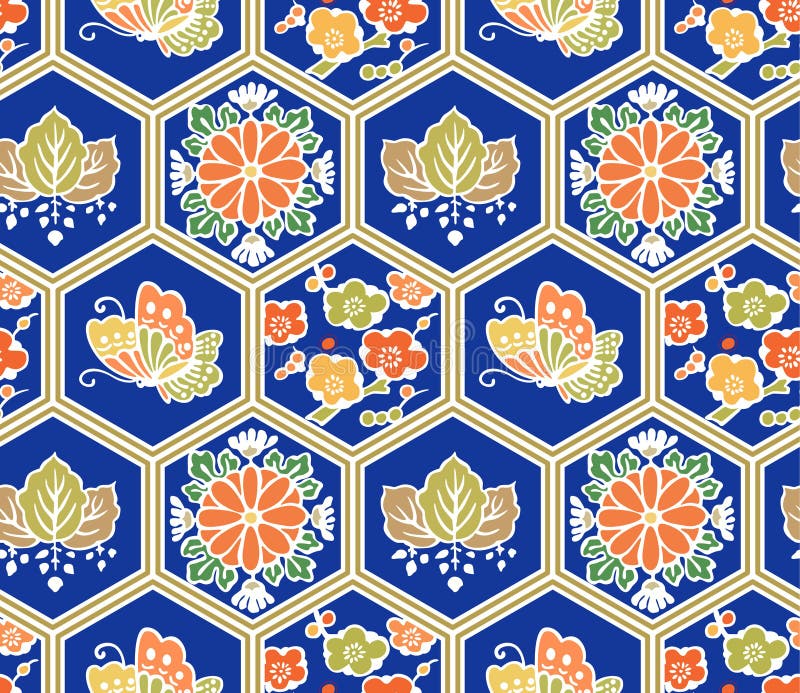Modello senza cuciture di farfalla del fiore di esagono giapponese della foglia illustrazione vettoriale Modello senza cuciture di farfalla del fiore di esagono giapponese della foglia illustrazione vettoriale